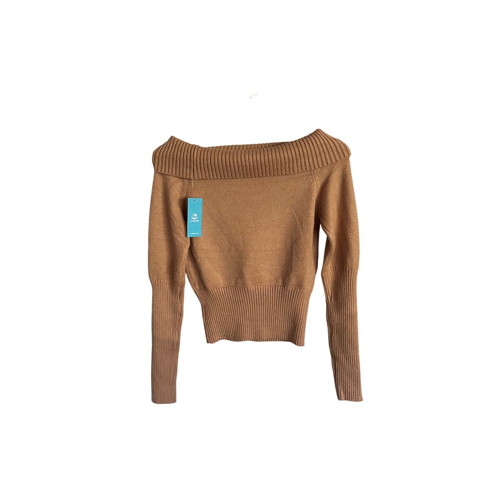 Cupshe Camel Brown Off the Shoulder Ribbed Knit Sweater